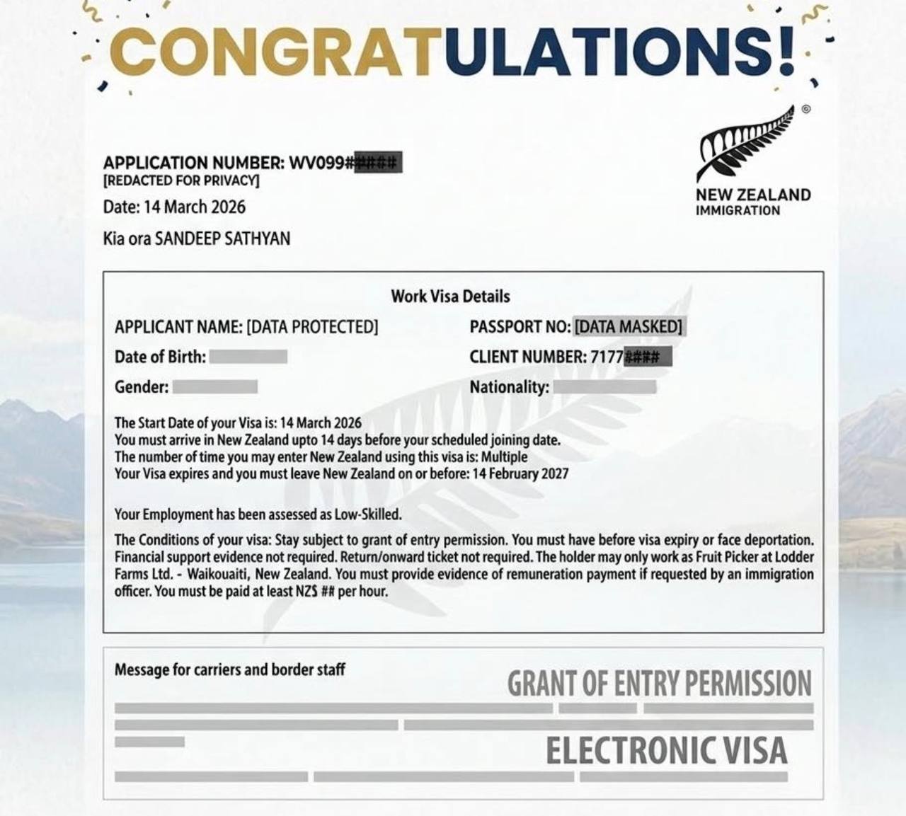 Approved visa document — Work Visa → New Zealand