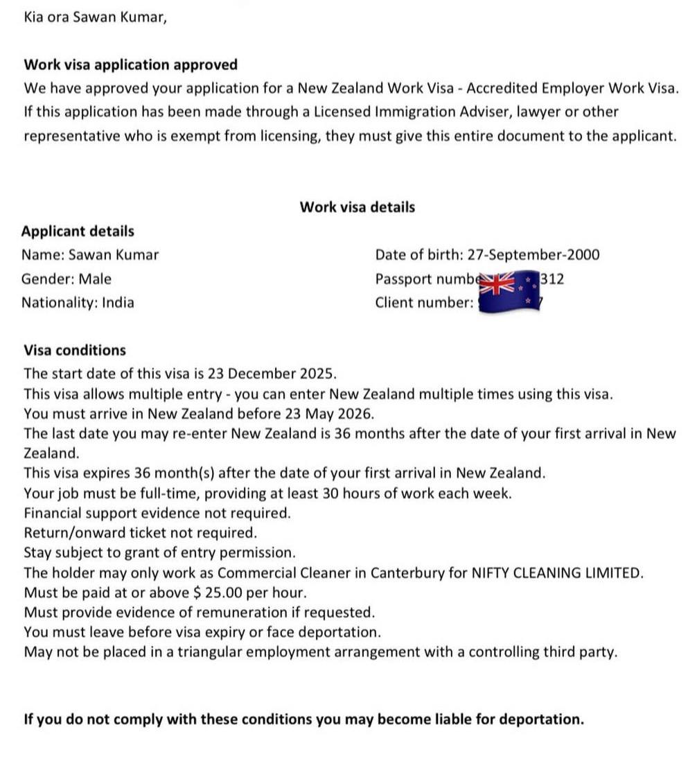 Approved visa document — Work Visa → New Zealand
