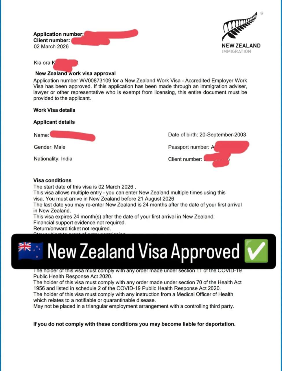 Approved visa document — Accredited Employer Work Visa → New Zealand