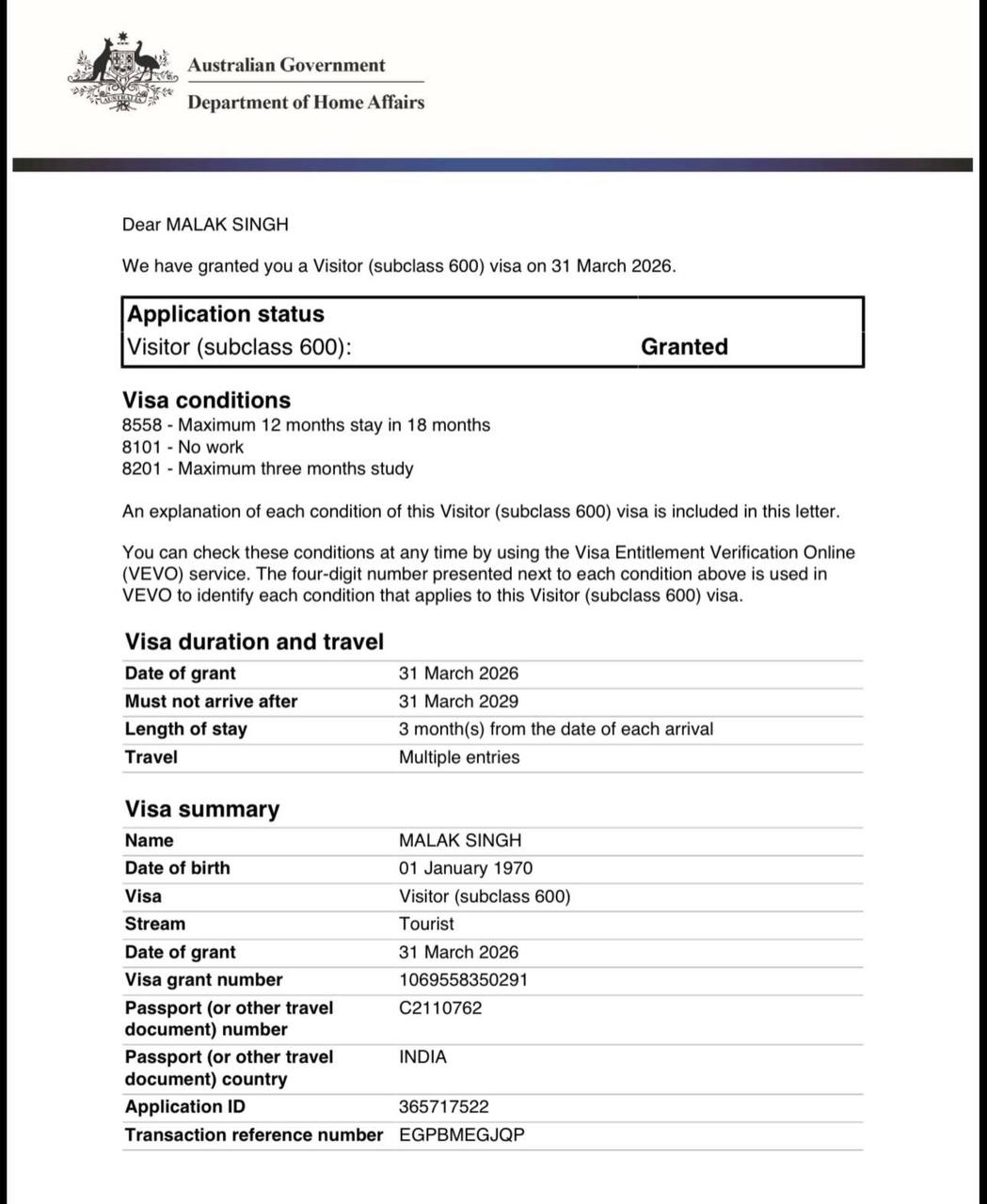 Approved visa document — Visitor Visa → Australia