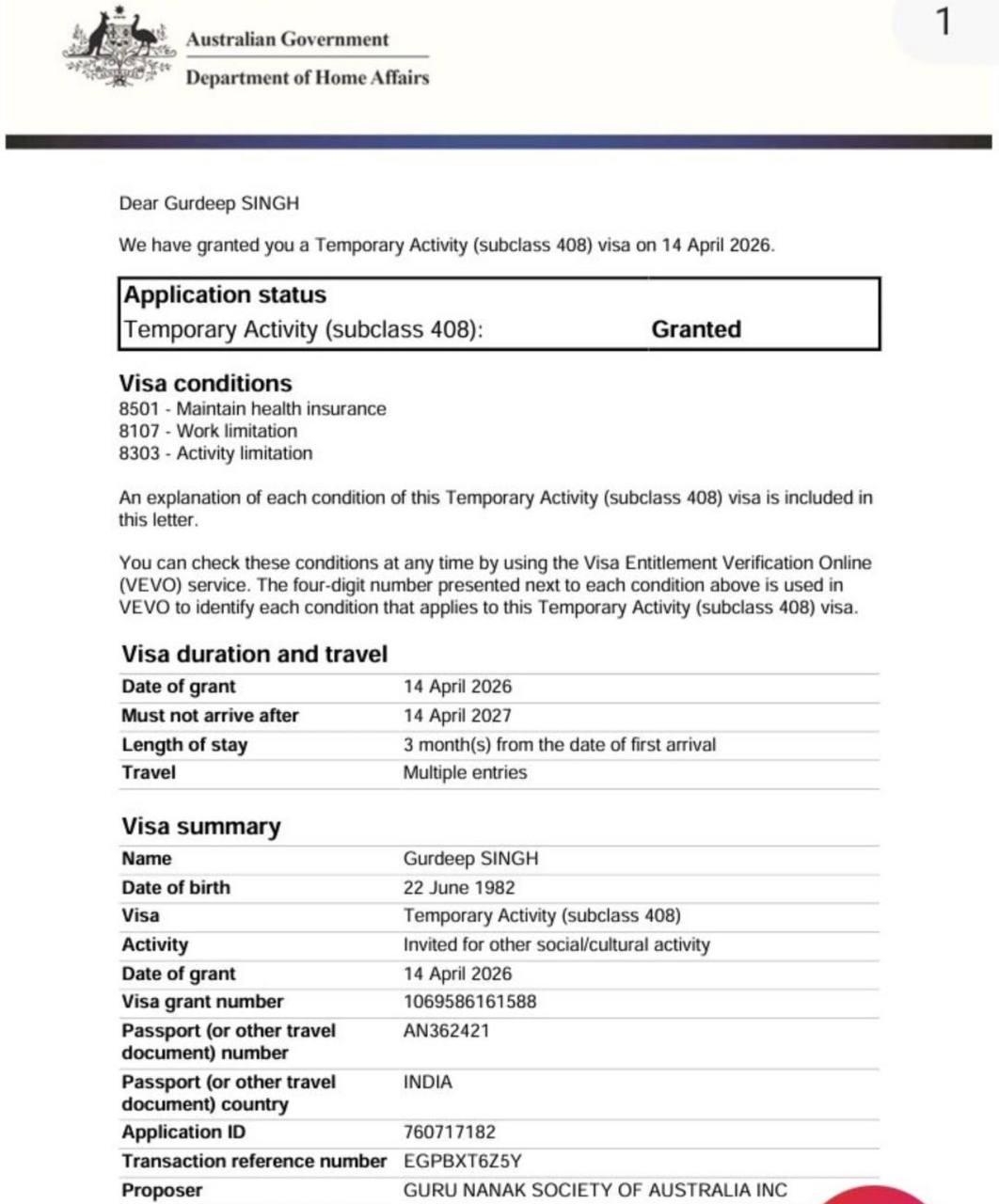 Approved visa document — Subclass 408 Visa → Australia